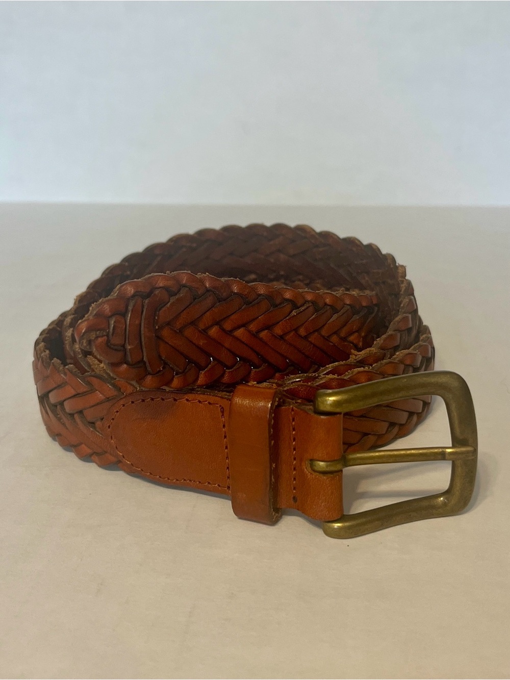 Brown Italian full-grain leather braided belt made in Turkey Brass buckle sz 40